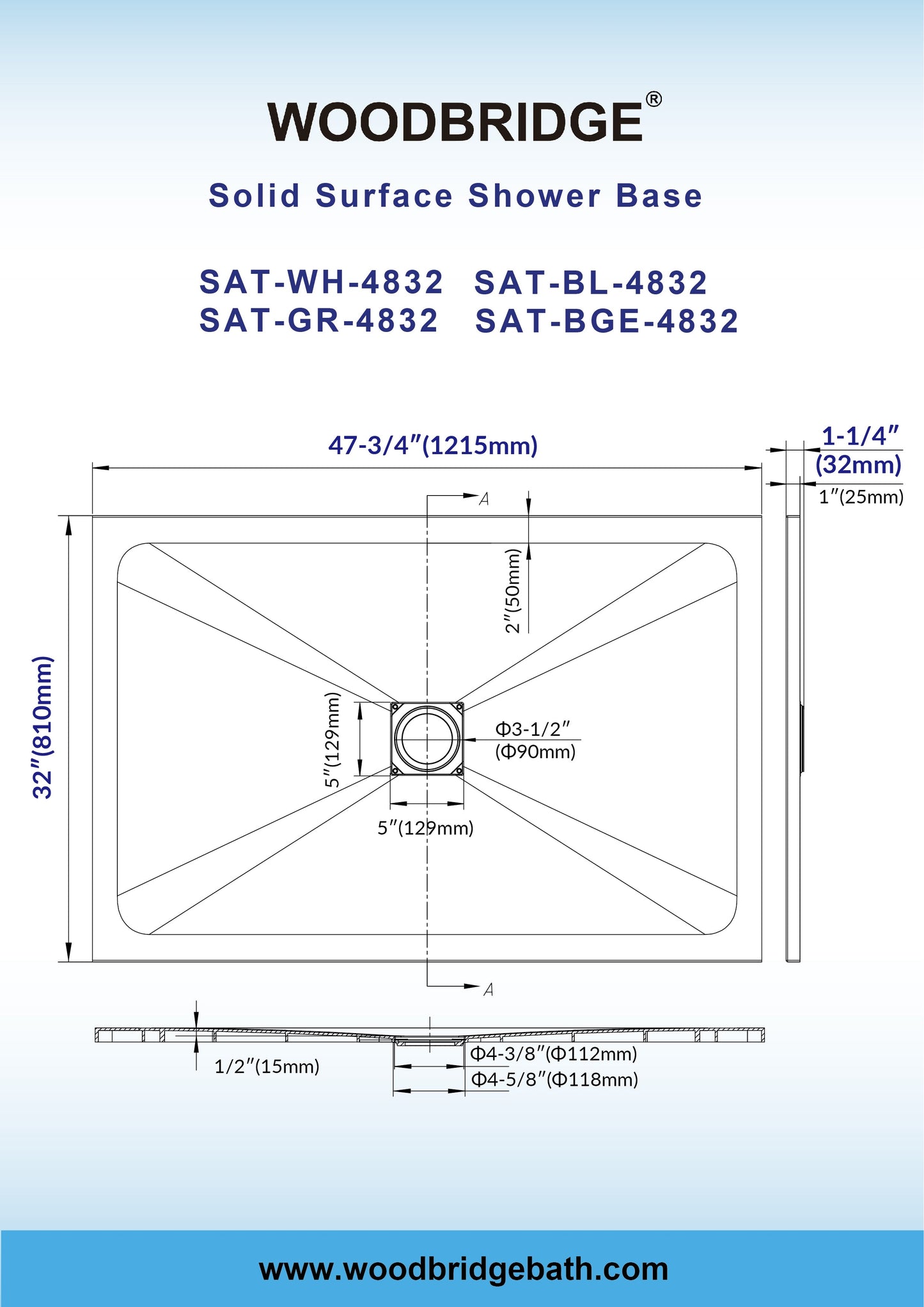 WOODBRIDGE 47.75-in L x 32-in W Zero-Threshold End-Drain Shower Base with Center Drain Placement, Matching Decorative Drain Plate and Tile Flange, Wheel Chair Access, Low Profile