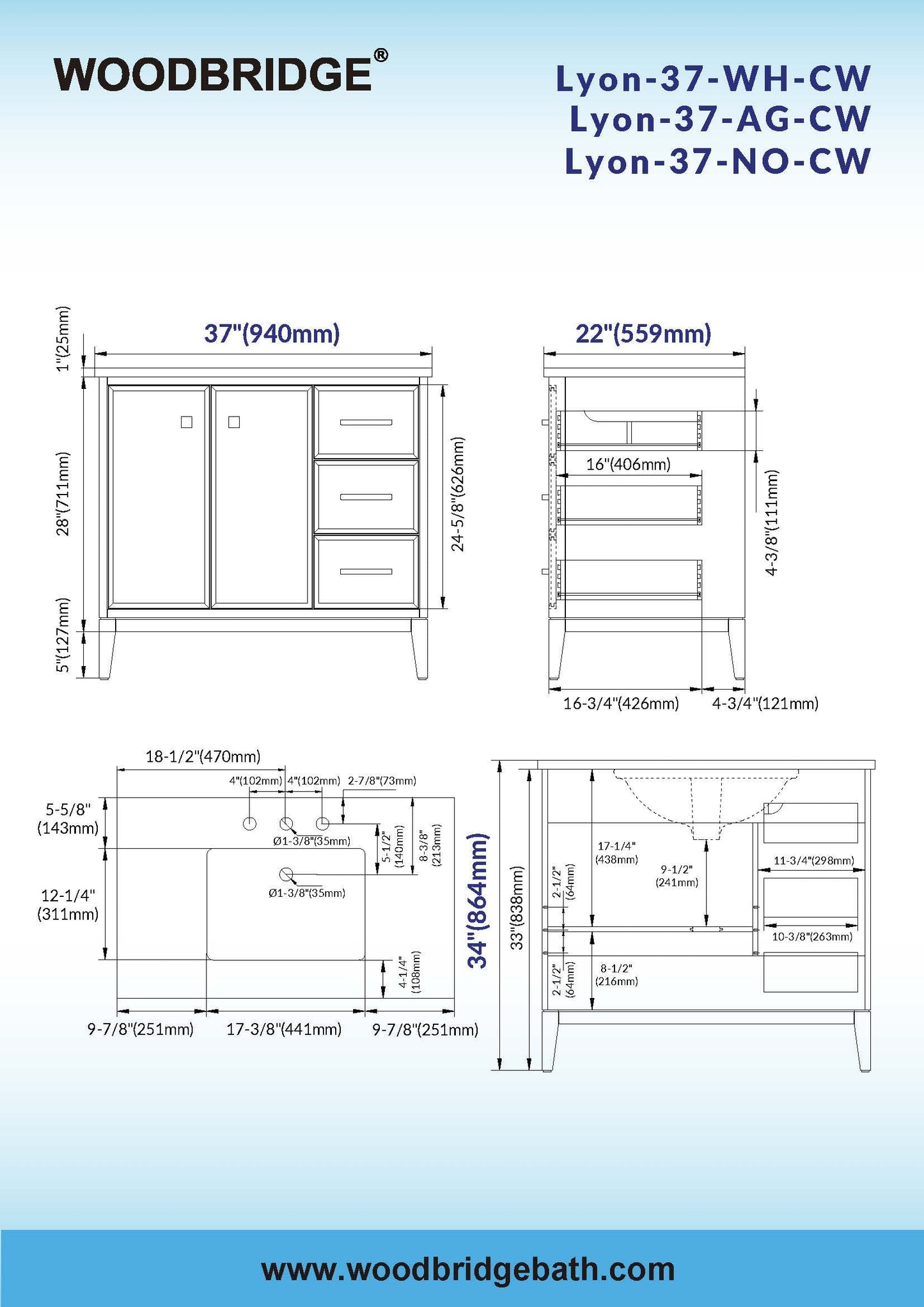 WOODBRIDGE 37" White Single Sink Bathroom Vanity Engineered Stone Top, Pre-drilled for 8 in. widespread faucets, Solid Wood Frame & Drawers, Fully Assembled and Ready to Install.