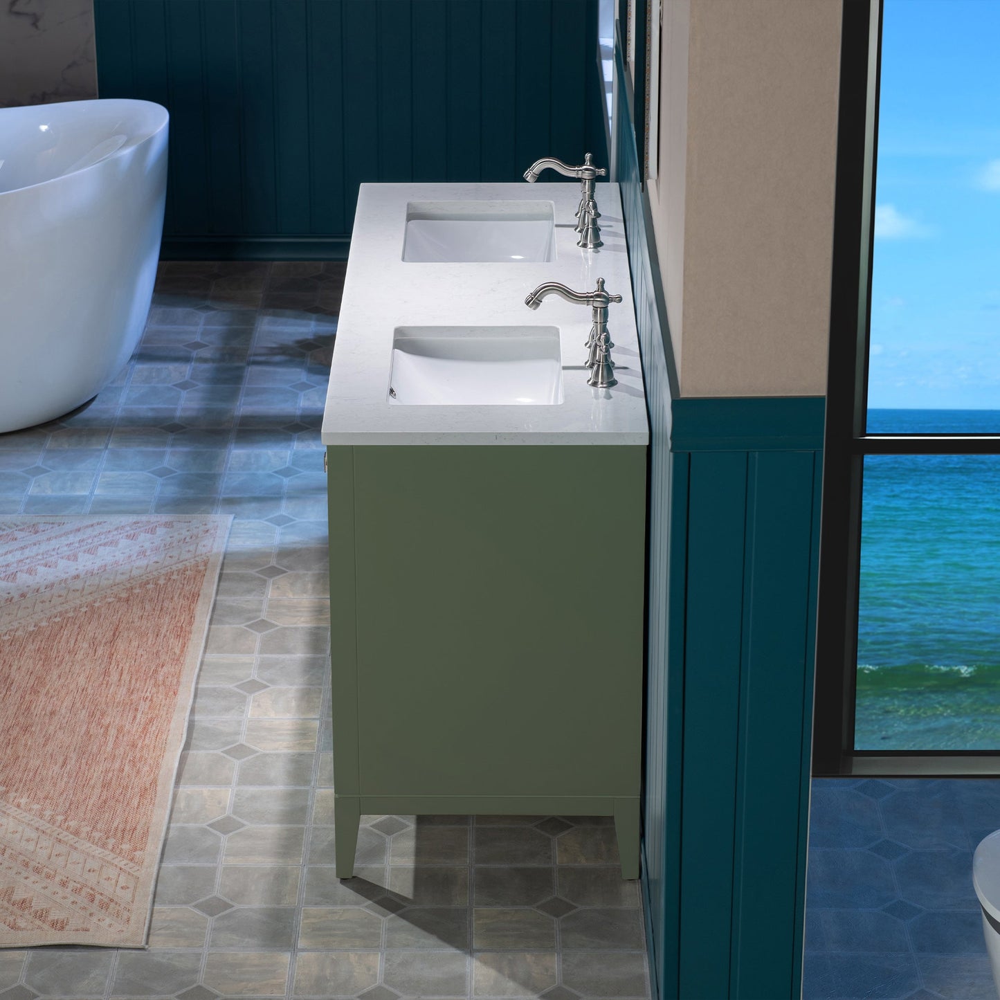 WOODBRIDGE 61" White Bathroom Vanity – Double Sink with Engineered Stone Top, Pre-drilled for 8 in. widespread faucets, Solid Wood Frame & Drawers, Fully Assembled and Ready for Installation