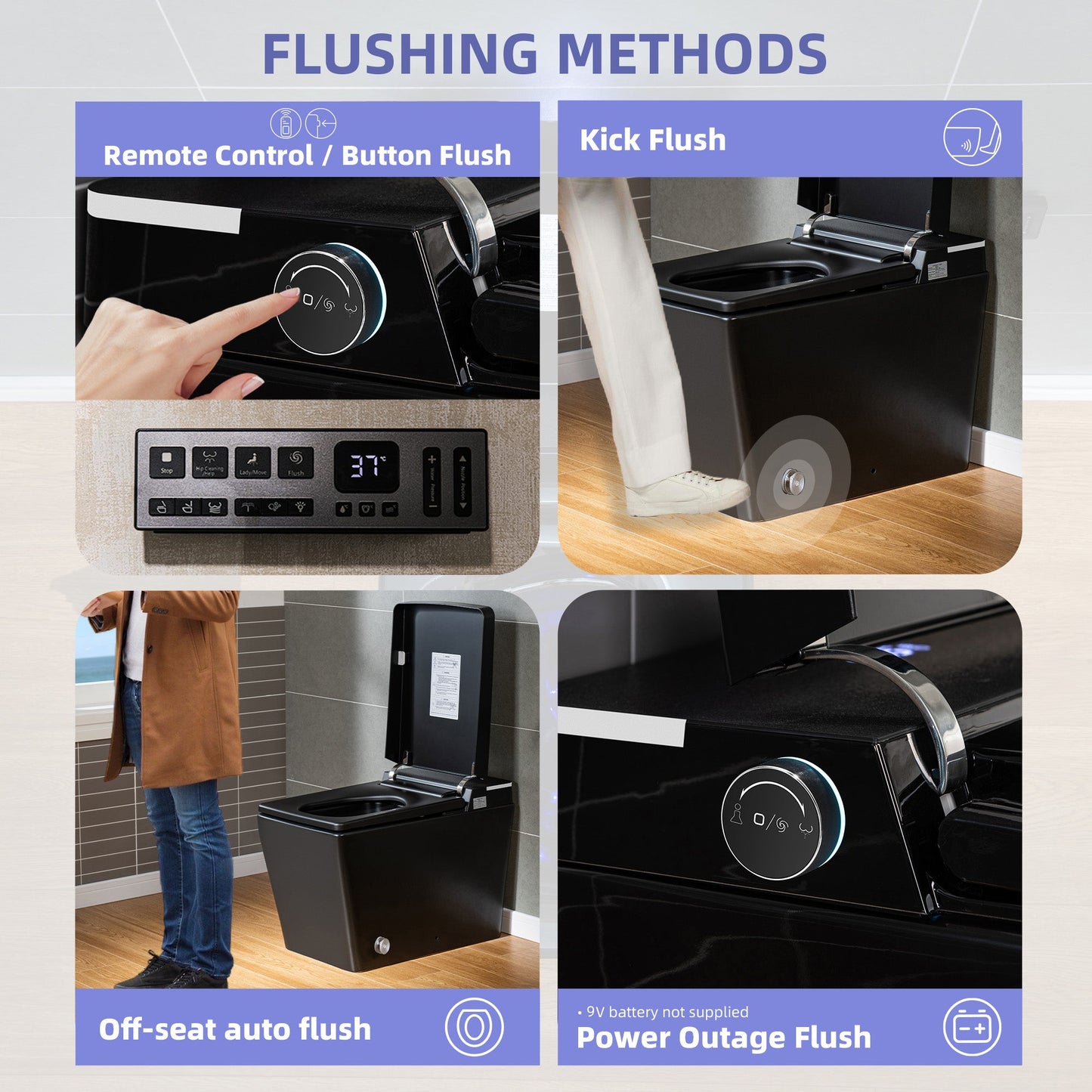 WOODBRIDGE EBT-HB02 One-Piece Square Smart Bidet Toilet with Auto Open & Close, Foot Sensor, Auto Flush, Multiple Spray Modes, Heated Seat, Warm Water and Air Dryer, Auto LED Nightlight, Glossy Black