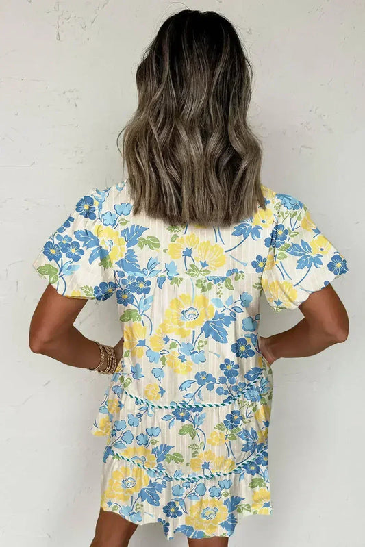 Blue Floral Print Striped Trim Puff Sleeve Mini Dress