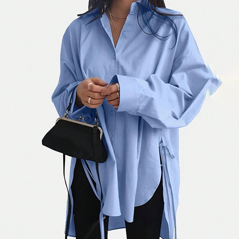 Women's Loose-Fit Long Sleeve Shirt with Side Slit Tie Detail - Stylish Button-Down Blouse