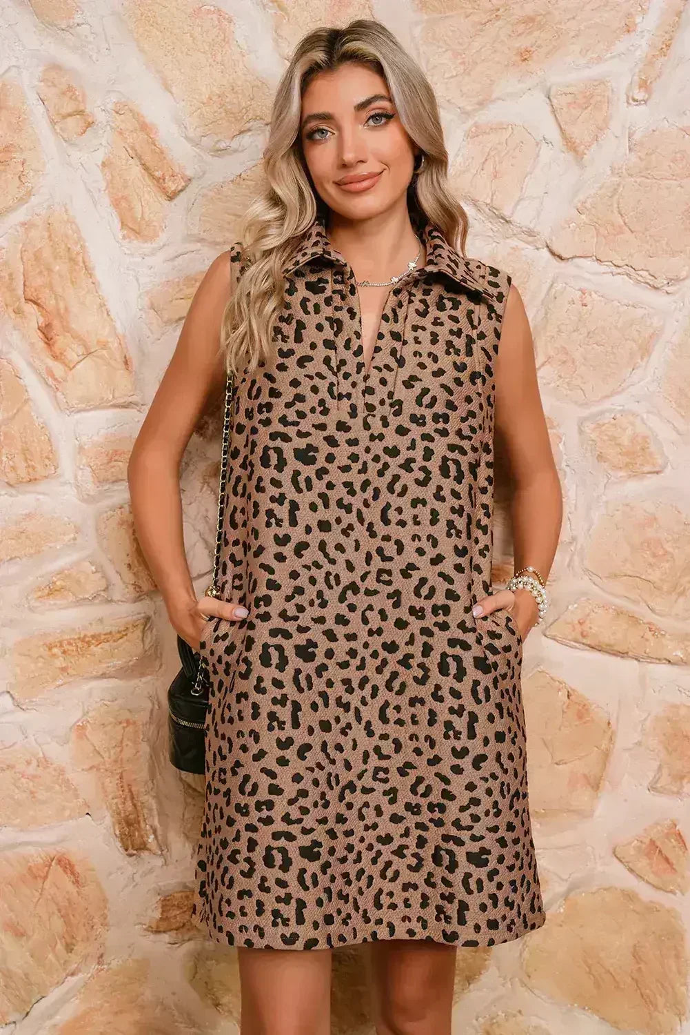 Khaki Leopard Print V Neck Sleeveless Collared Mini Dress