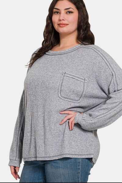 Contrast Stitching Sweatshirt - Brushed Ribbed Women's Top