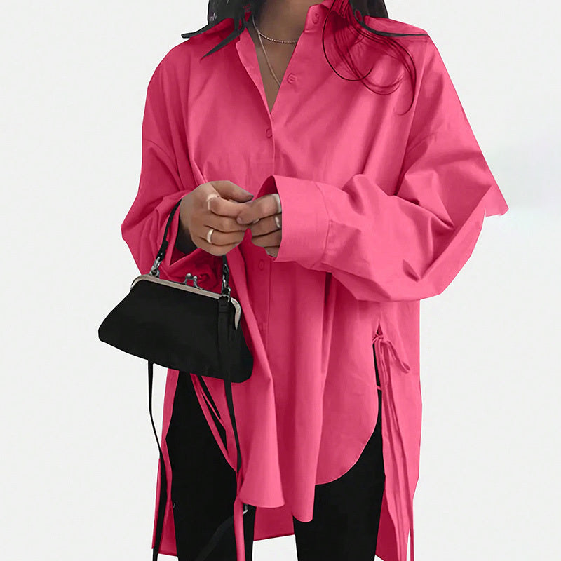 Women's Loose-Fit Long Sleeve Shirt with Side Slit Tie Detail - Stylish Button-Down Blouse