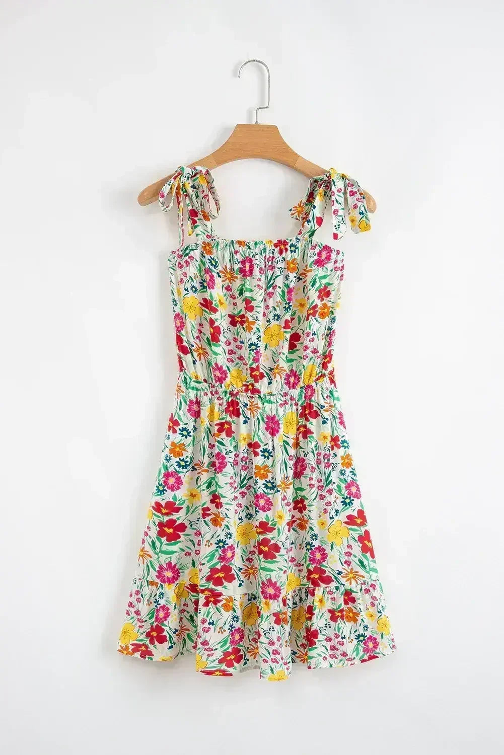 Red Floral Print Knotted Strap Cinched Waist Ruffle Hem Mini Dress