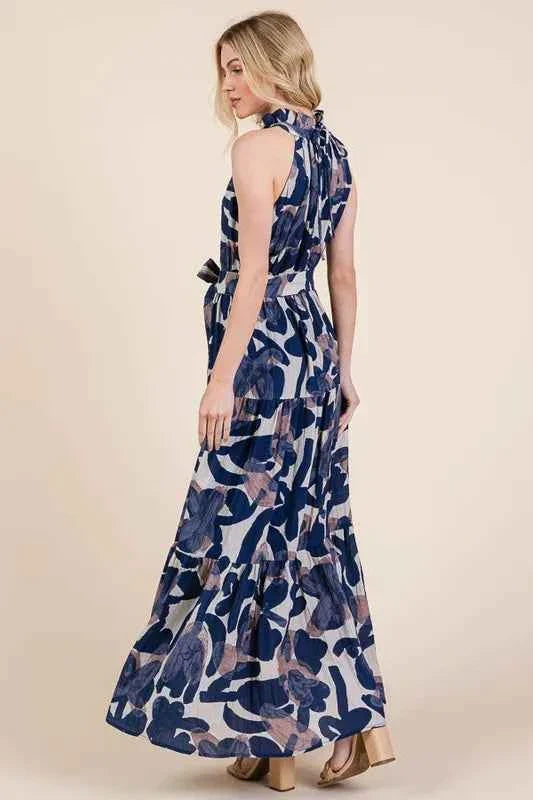 Lime and Chili Maxi Dress - Abstract Halter Neck Tie-Waist Tiered Design