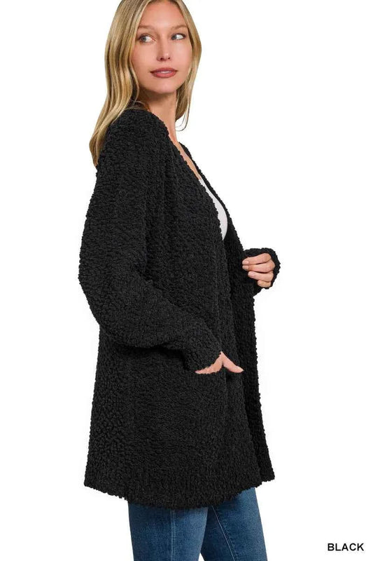 Zenana Long Sleeve Popcorn Sweater Cardigan with Pockets