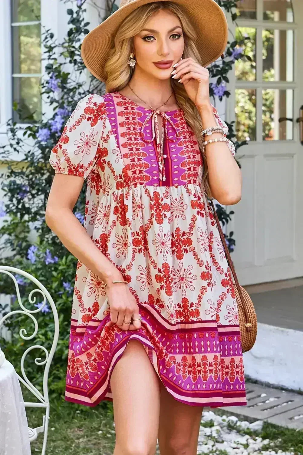 Rose Boho Floral Short Sleeve Tie V Neck Mini Dress