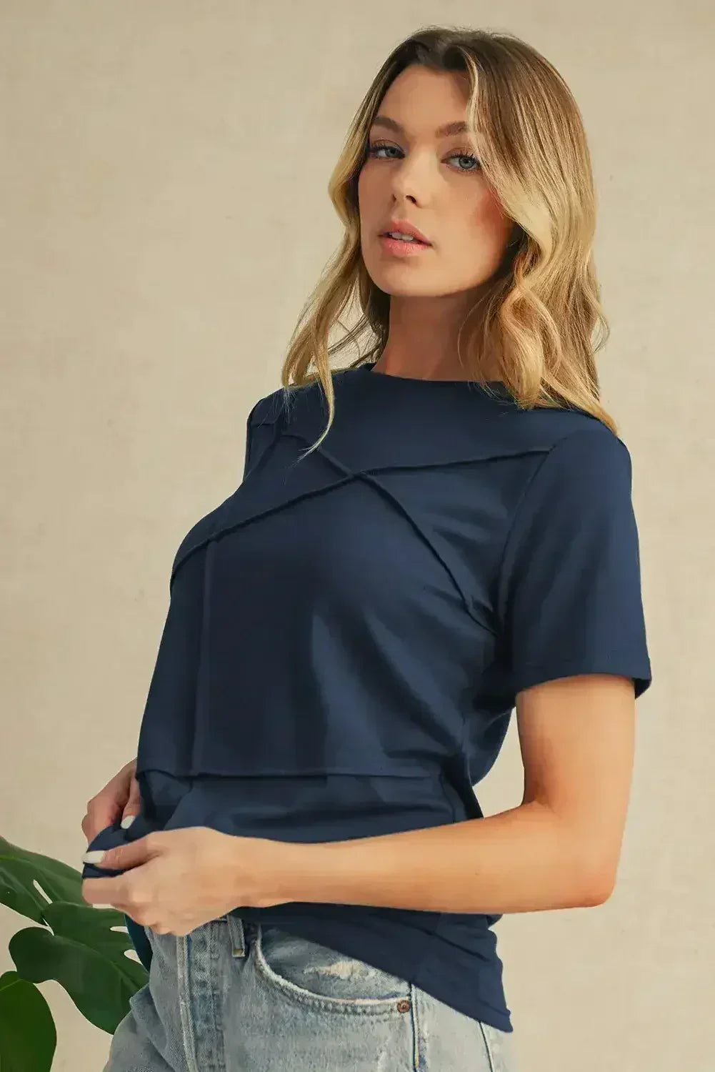 Dirty Blue Solid Color Round Neck T Shirt