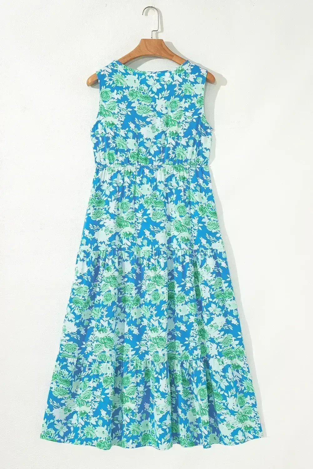 Green Floral Print Trimmed V Neck Sleeveless Vacation Dress