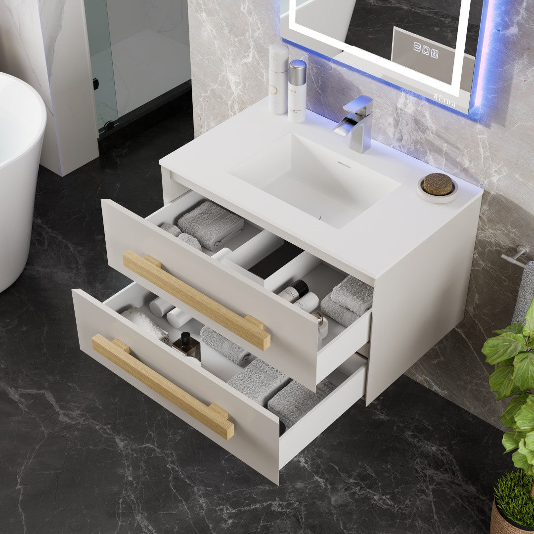 Eviva Element Wall Mount Bath Vanity with Solid Surface Top and Integrated Sink