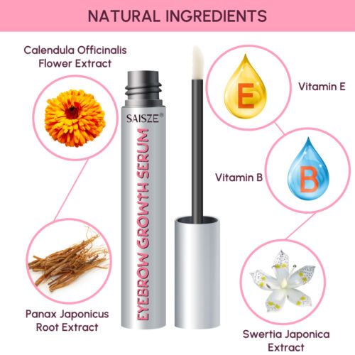 Saisze eyebrow growth serum with natural ingredients displayed on a pink background