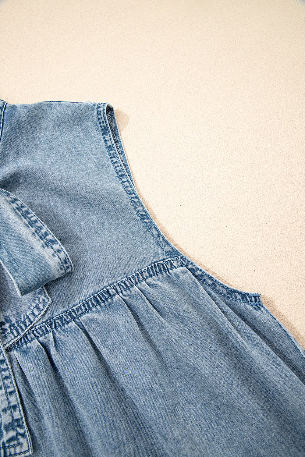 Beau Blue Bowknot Neck Ruffle Sleeveless Mini Dress