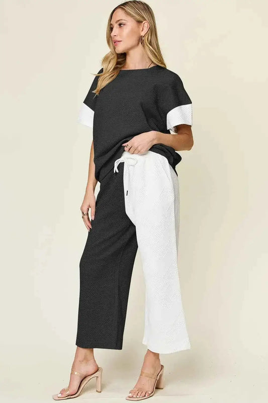 Plus Size Contrast T-Shirt and Wide Leg Pants Set