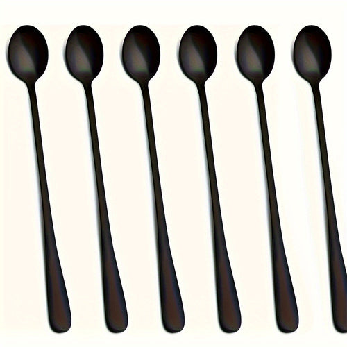 Set of 6 LongHandled Black Polished Stainless Steel Spoons