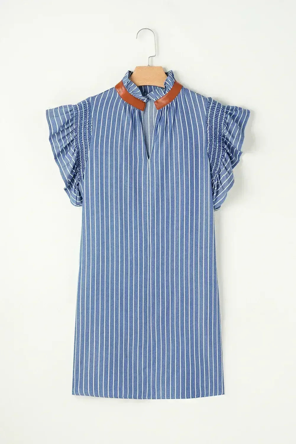 Sky Blue Stripe Frilly Split Neck Shirred Ruffle Sleeve Mini Shift Dress