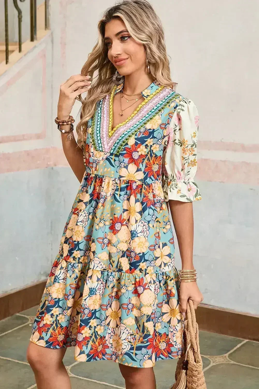 Multicolor Allover Floral Print Tiered Pop of Color Neckline Dress