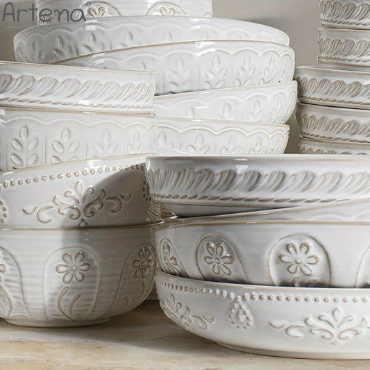 Artena Embossed Damask 24cm Large Ceramic Pasta Bowl | Kitchen + Metal