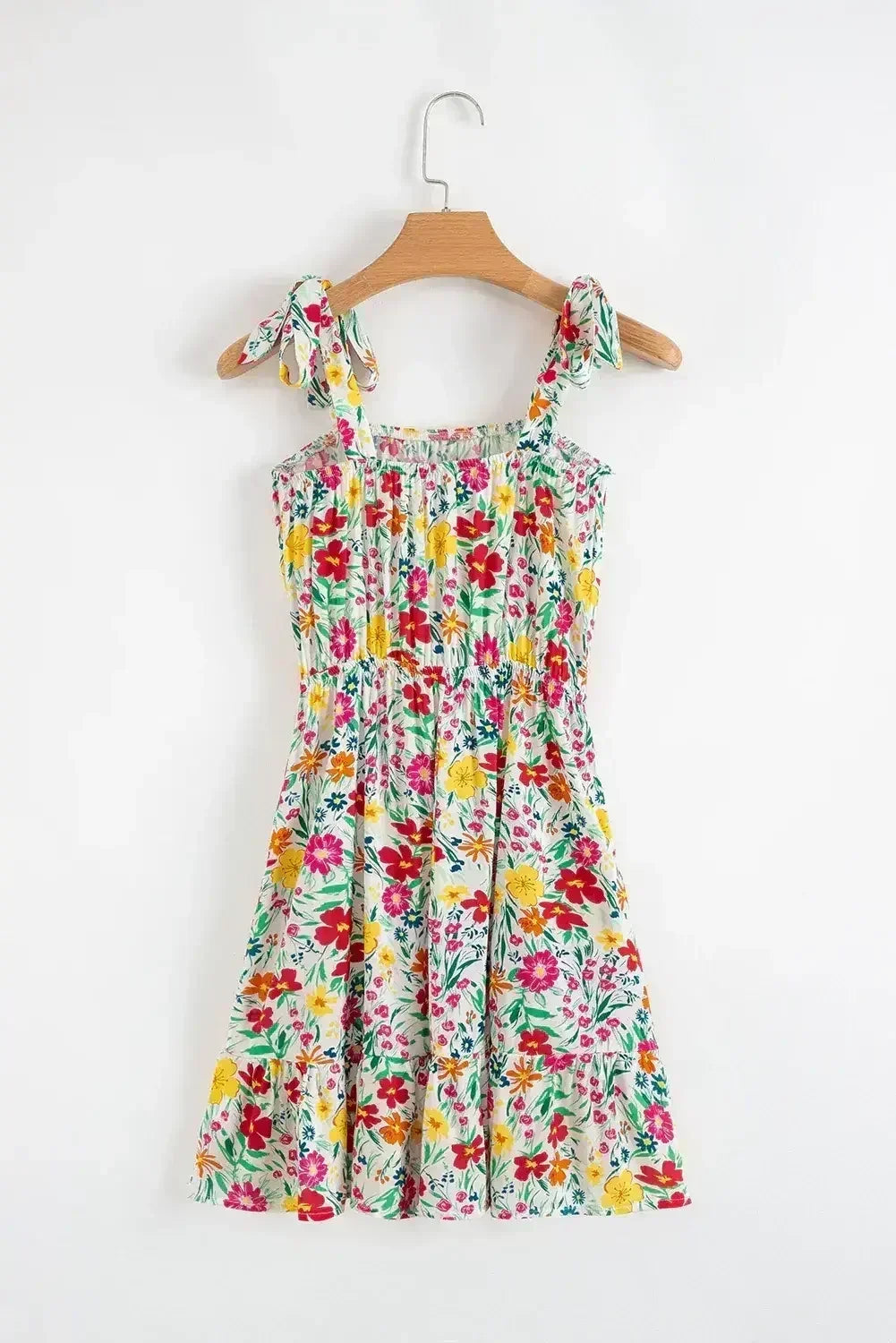 Red Floral Print Knotted Strap Cinched Waist Ruffle Hem Mini Dress