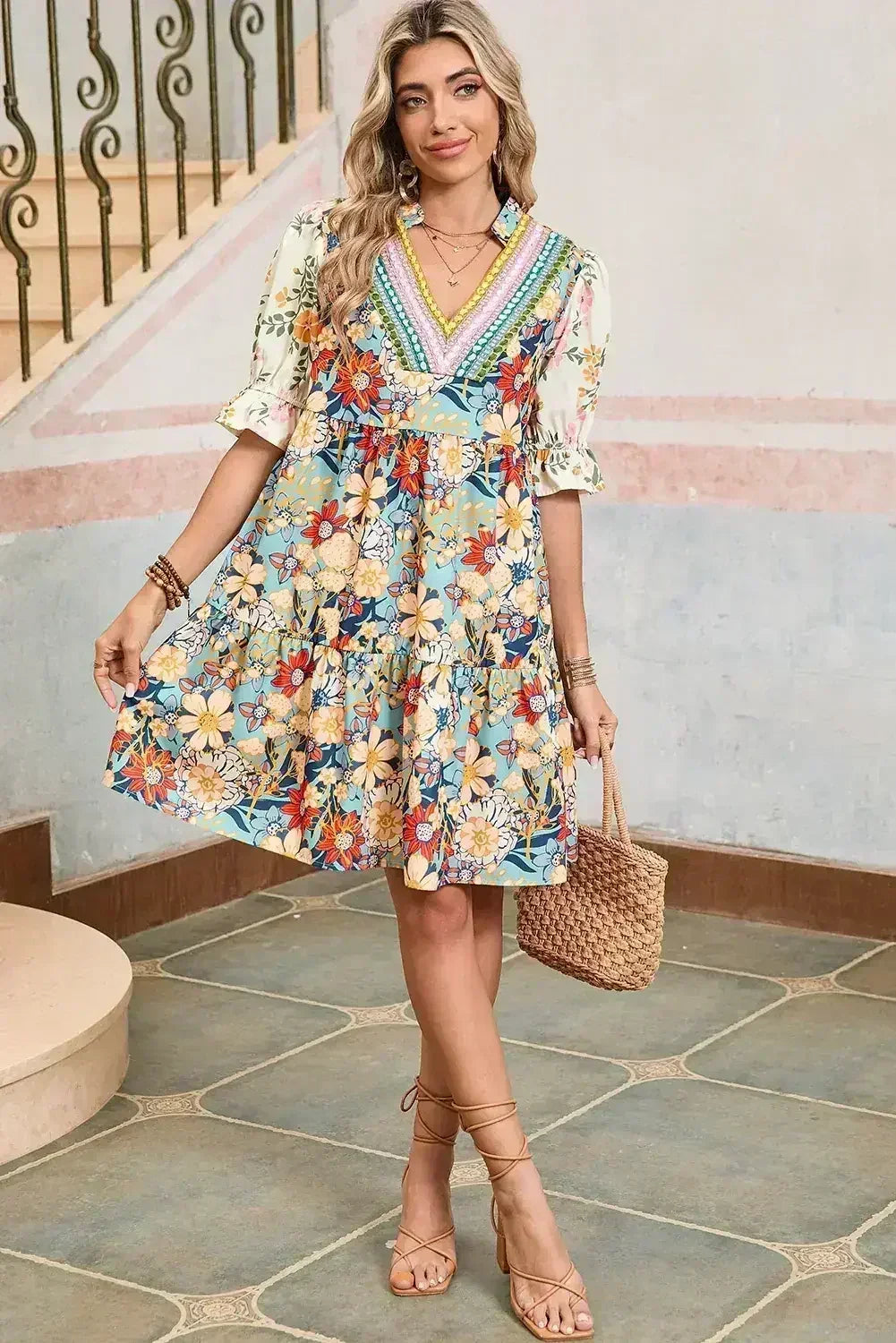 Multicolor Allover Floral Print Tiered Pop of Color Neckline Dress