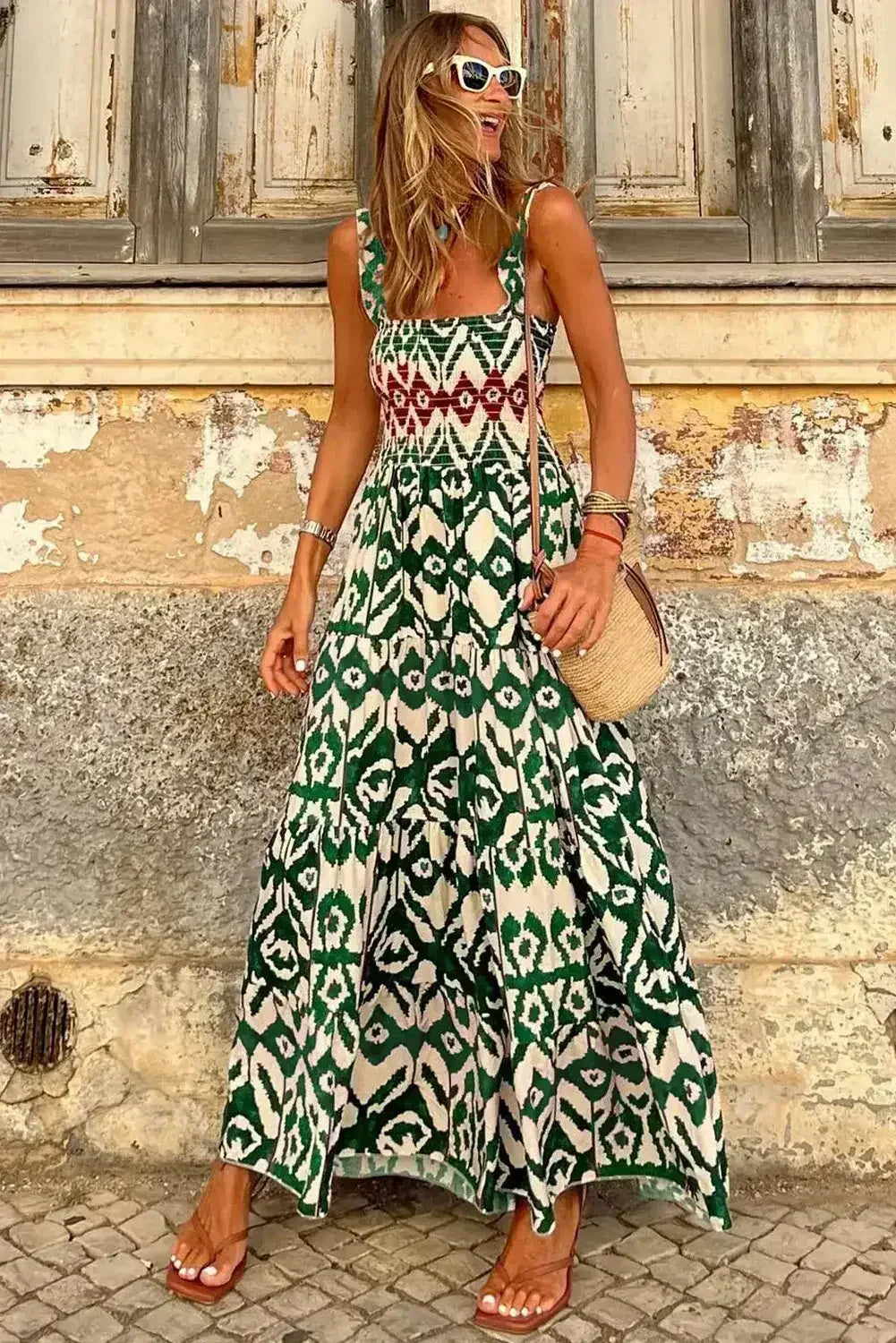 Green Boho Shirred A line Sleeveless Maxi Dress