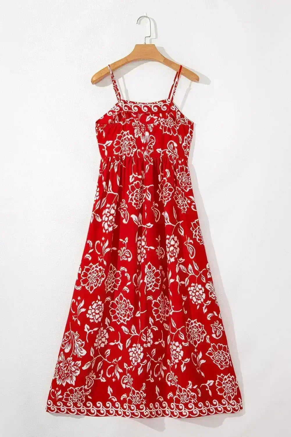 Red Floral Print Spaghetti Strap Empire Waist Maxi Dress