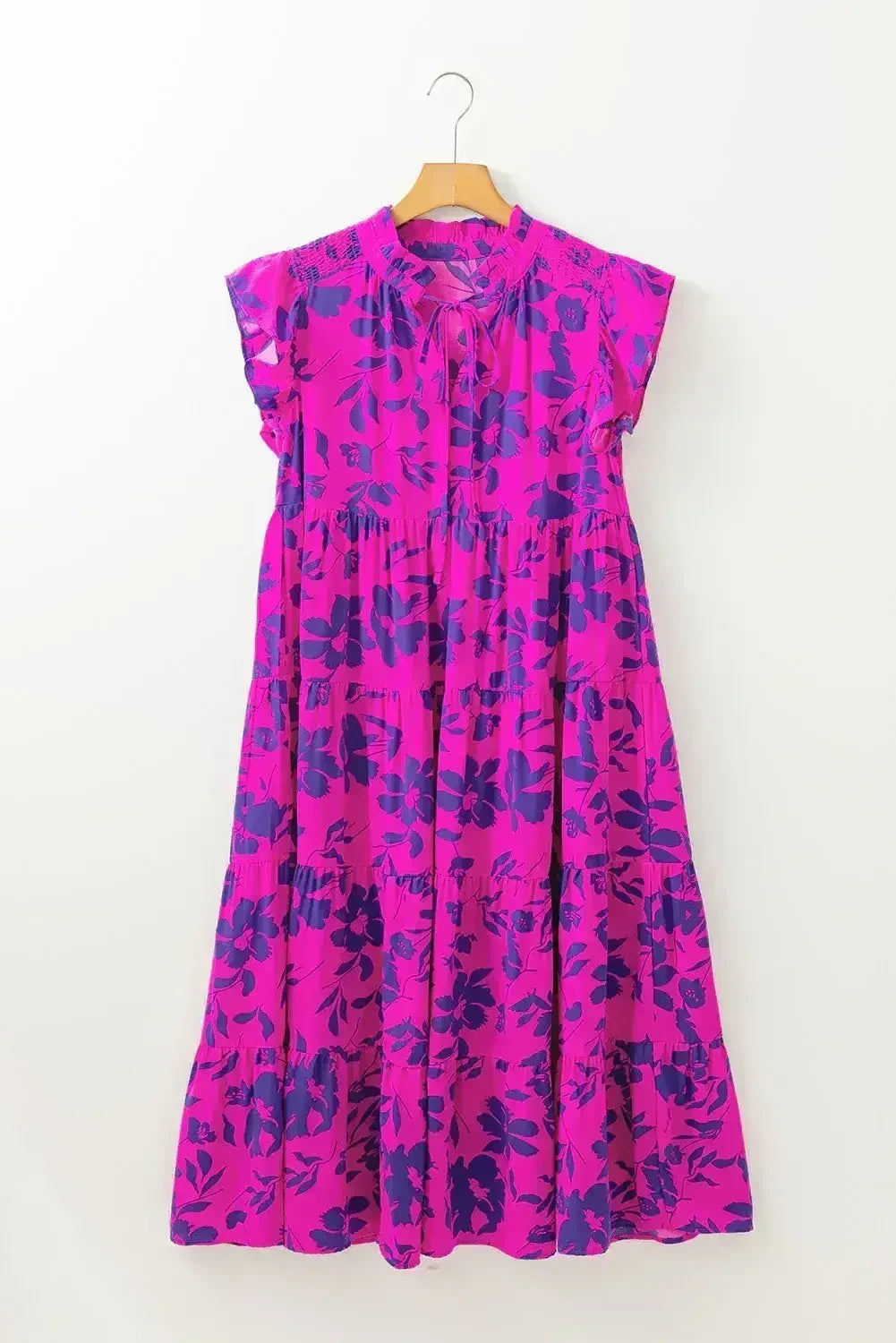 Rose Floral Print Tiered Flutter Sleeve Maxi Dress