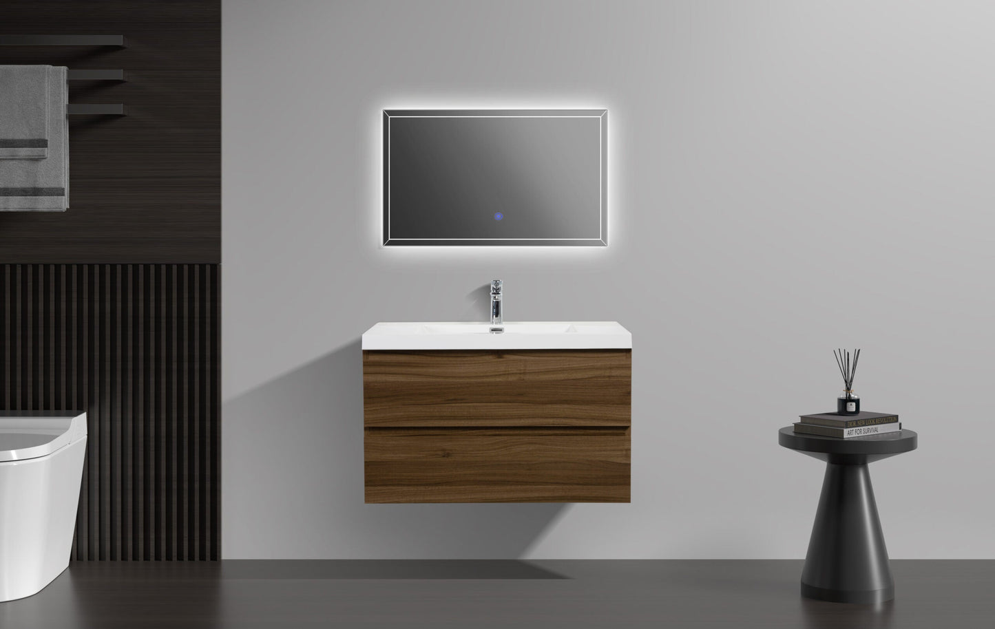 Aurora 36" Glossy Polar White Wall Hung Bathroom Vanity with White Acrylic Countertop