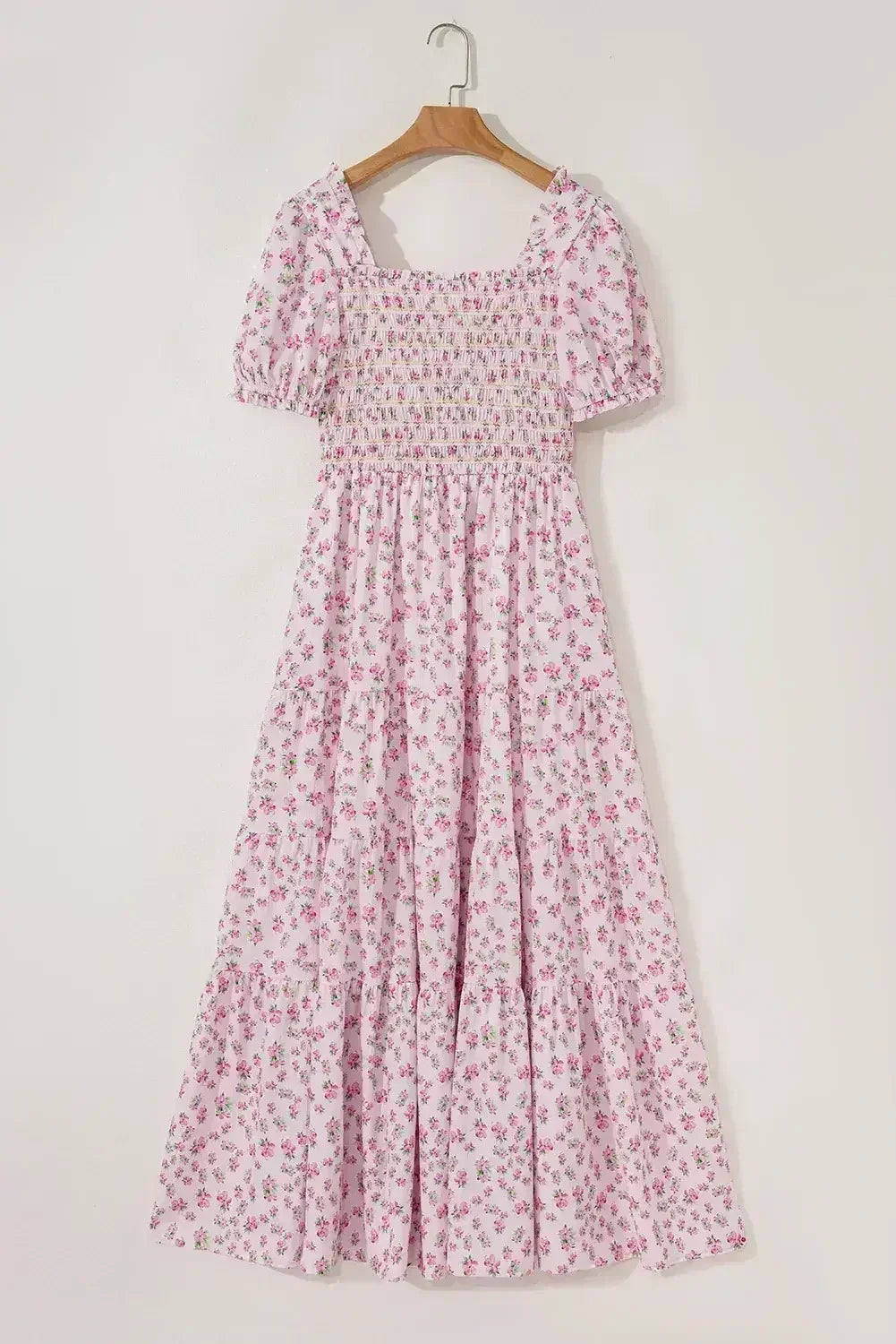 White Frill Neckline Shirred Bodice Floral Maxi Dress