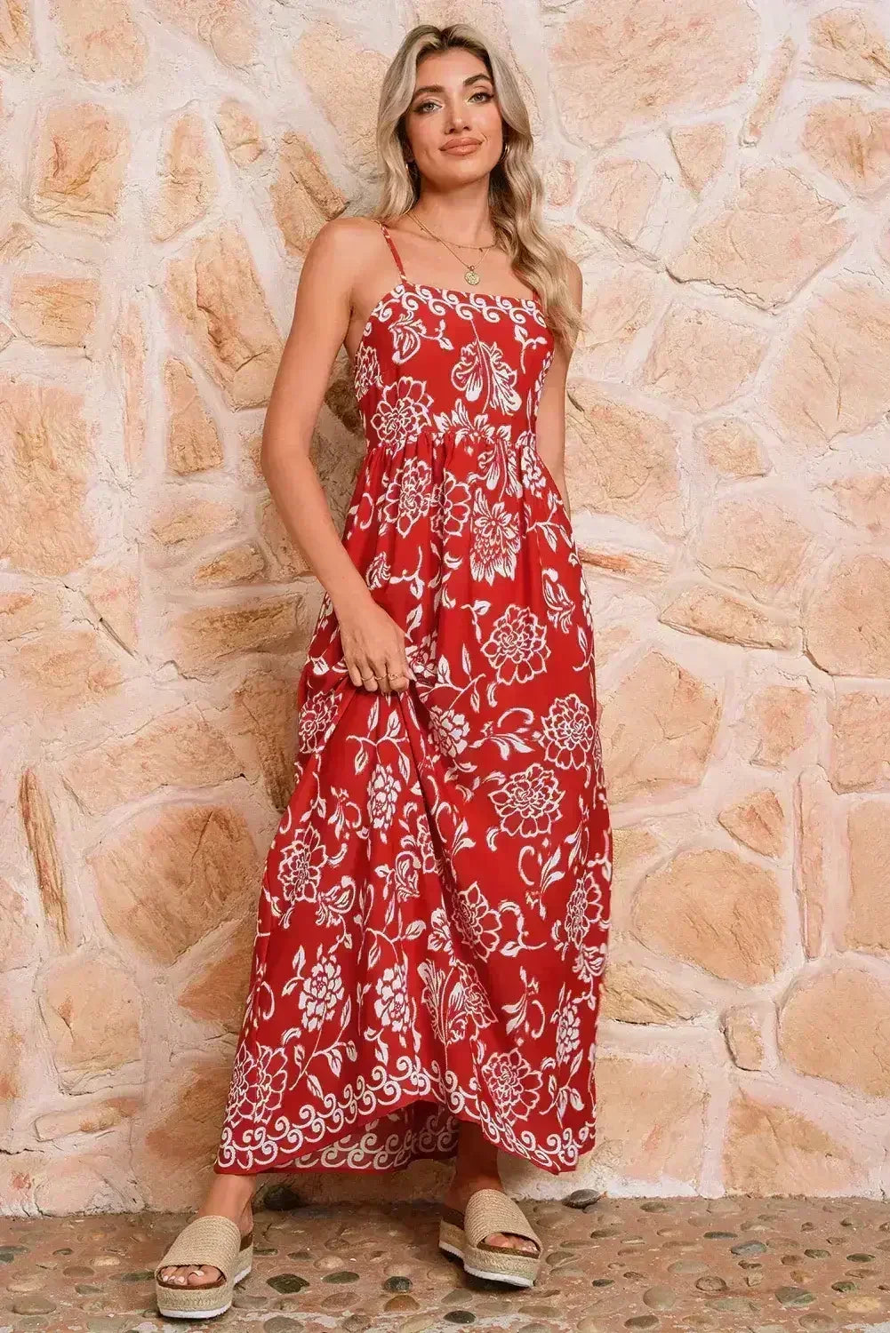 Red Floral Print Spaghetti Strap Empire Waist Maxi Dress