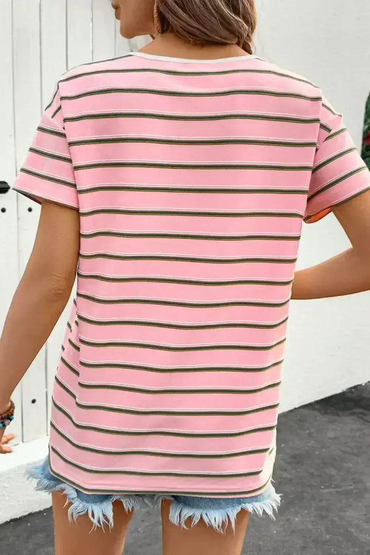 Pink Stripe V Neck Casual T-Shirt