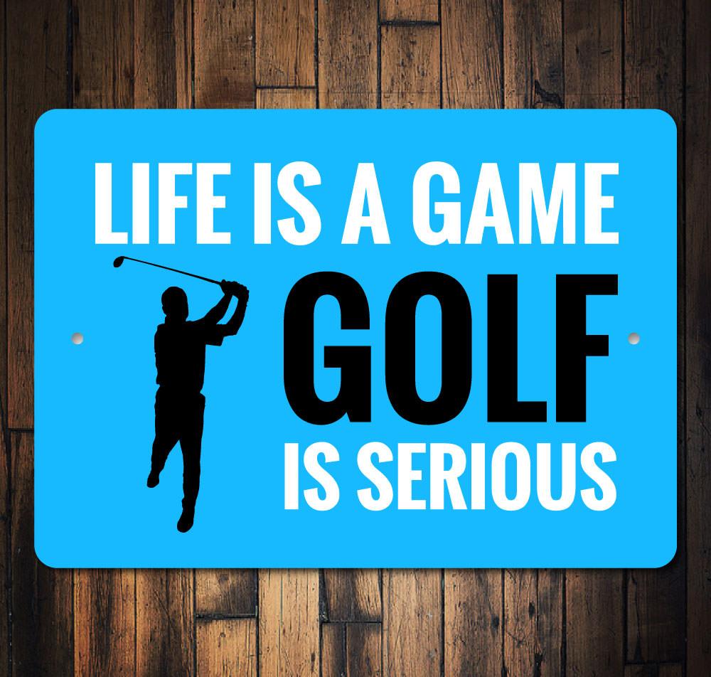 Blue sign with golf-themed text and silhouette on a wooden background