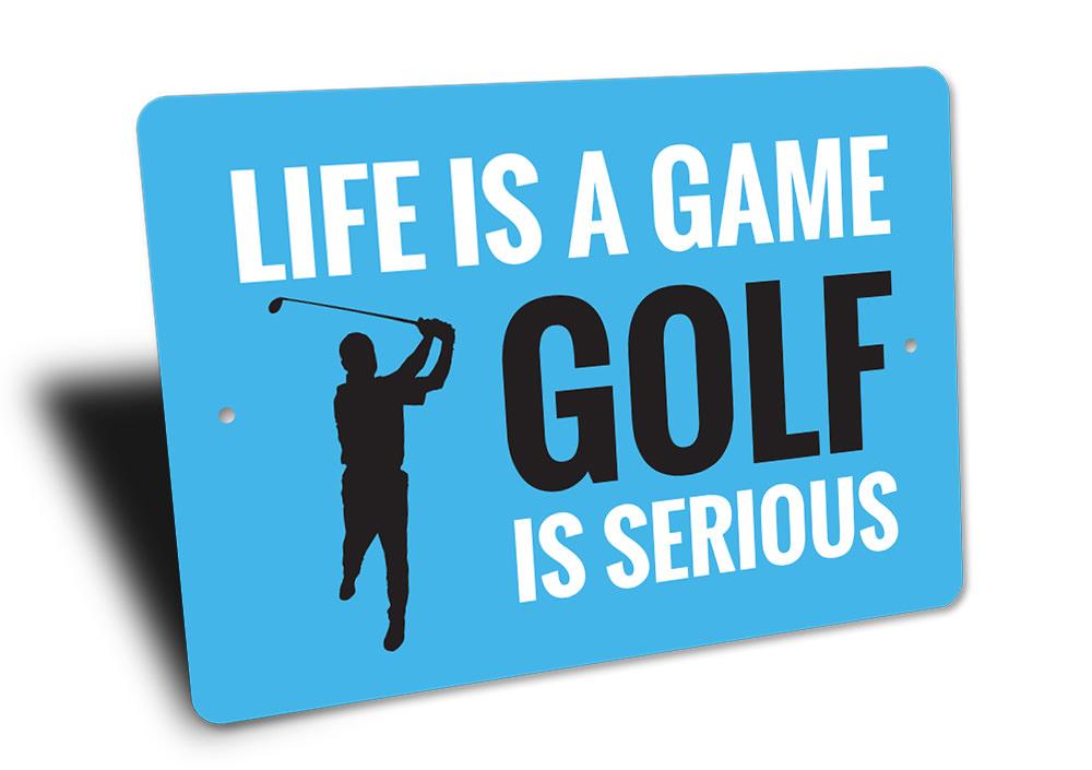 Blue sign with golf-themed text and silhouette on a white background