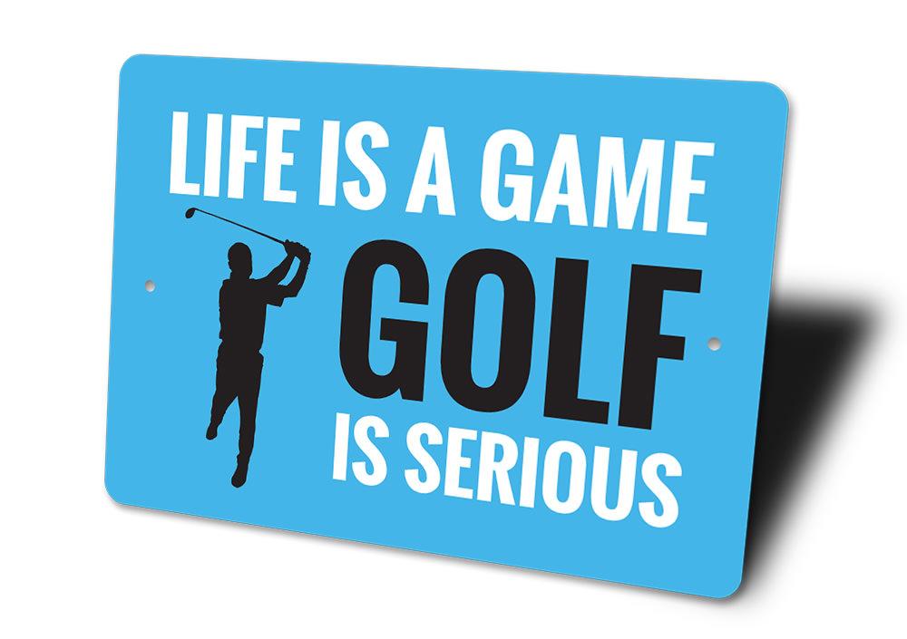 Blue sign with golf-themed text and silhouette on a white background