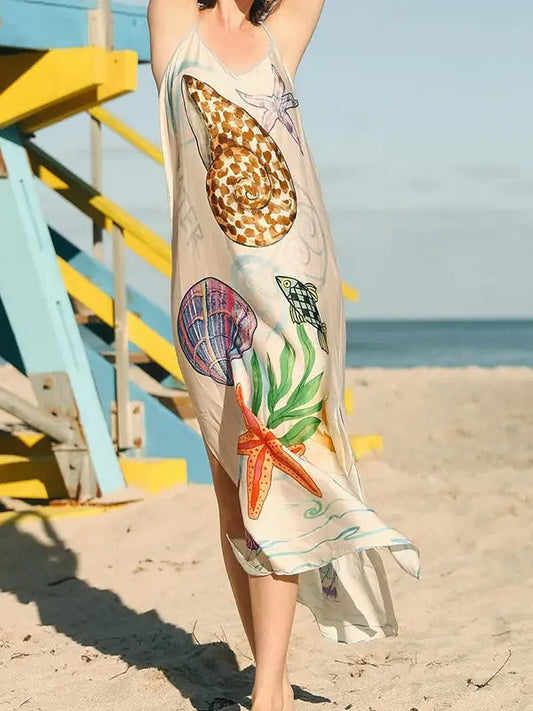 Eurochic Satin Beach Dress with Sea Life Print – Coastal Vacation Vibes
