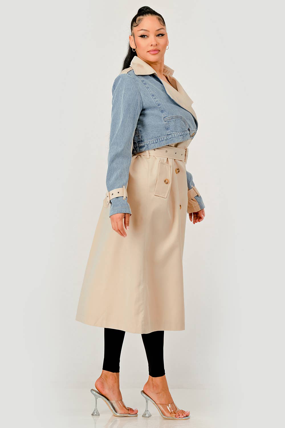 Denim Contrast Belted Trench Coat