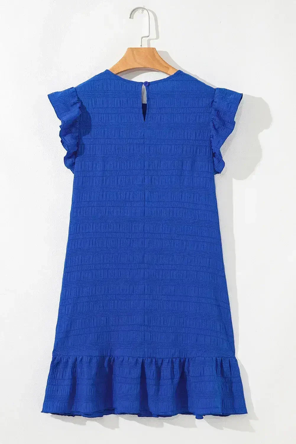 Dark Blue Textured Flutter Sleeve Ruffle Mini Dress