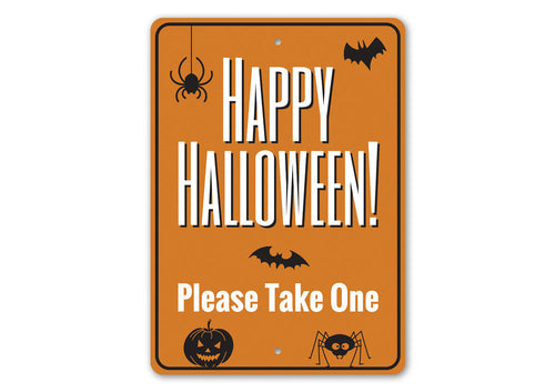 Halloween-themed sign with text and graphics on an orange background