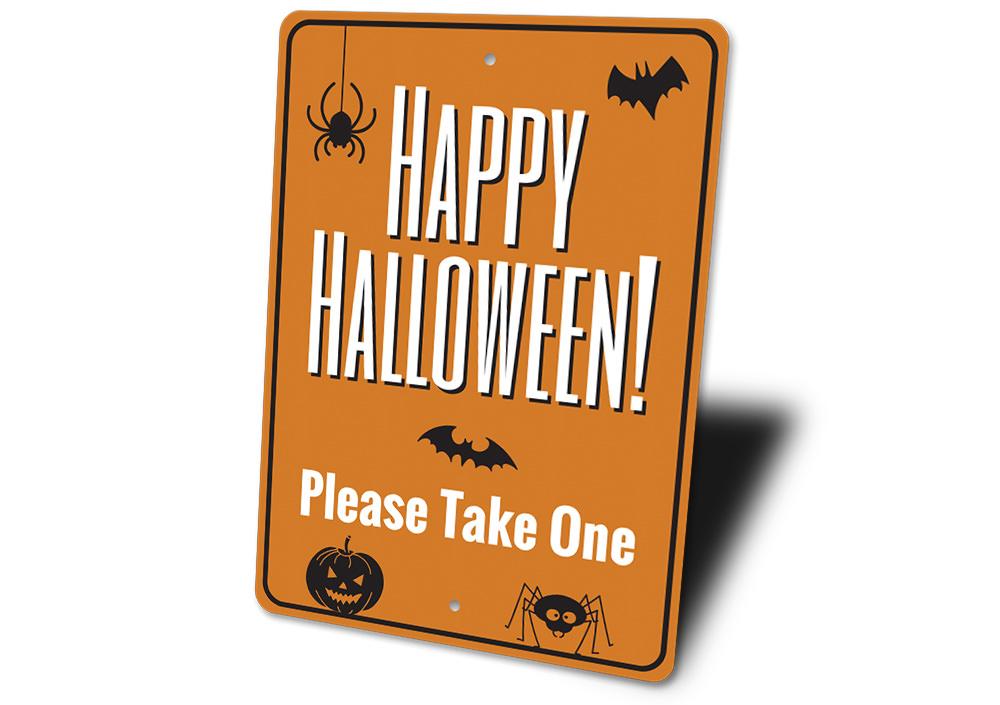 Halloween-themed sign with text and graphics on an orange background