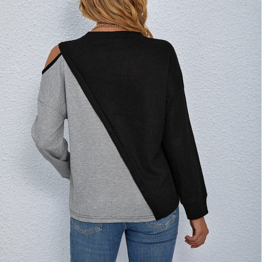 Women's Knitted Long Sleeve Top - Patchwork Versatile Long Sleeve Knitted Women's Top