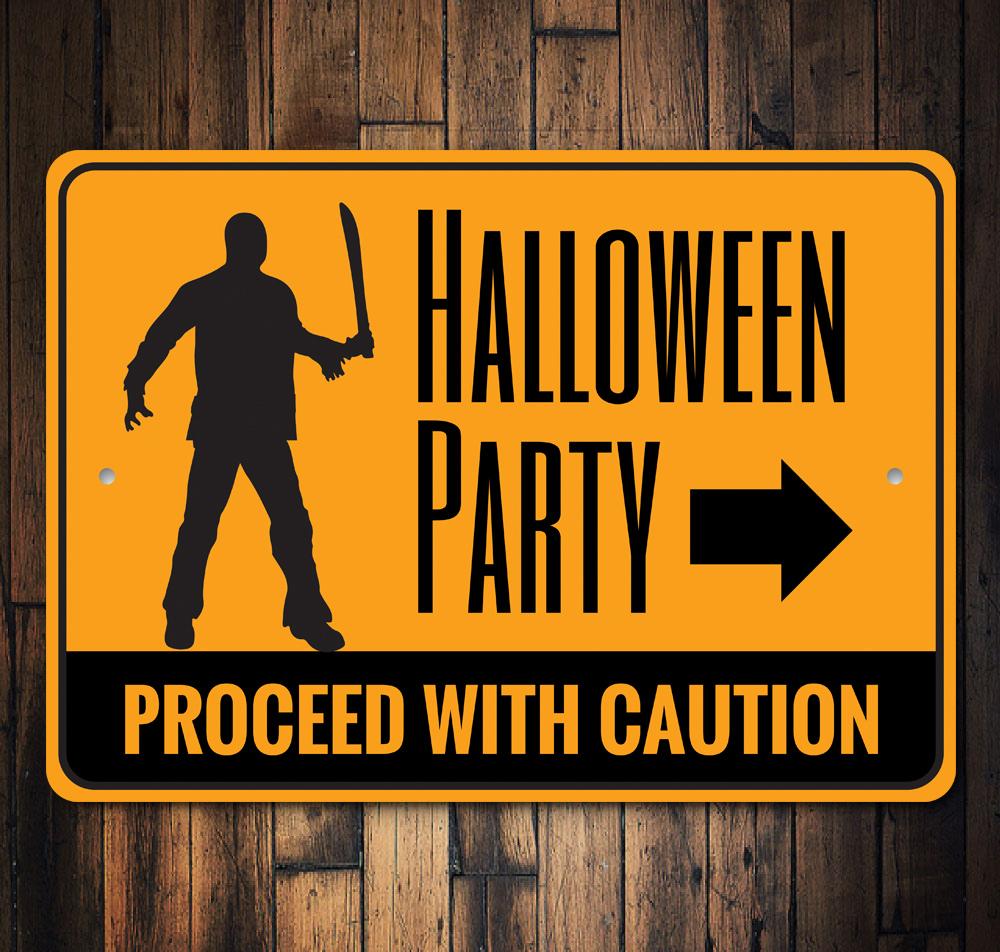 Halloween party sign with a silhouette of a person holding a knife on a wooden background