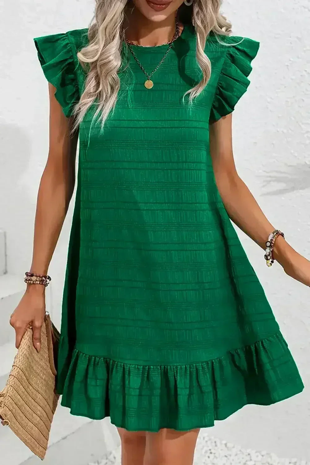 Dark Blue Textured Flutter Sleeve Ruffle Mini Dress