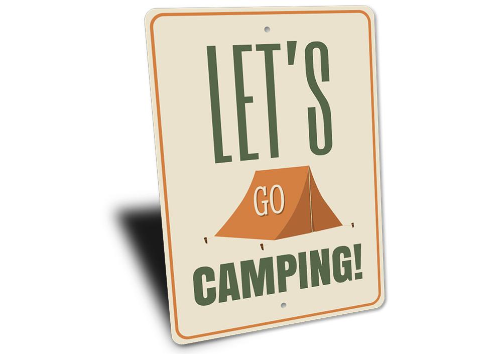 Sign with 'Let's Go Camping!' text and a tent illustration on a beige background