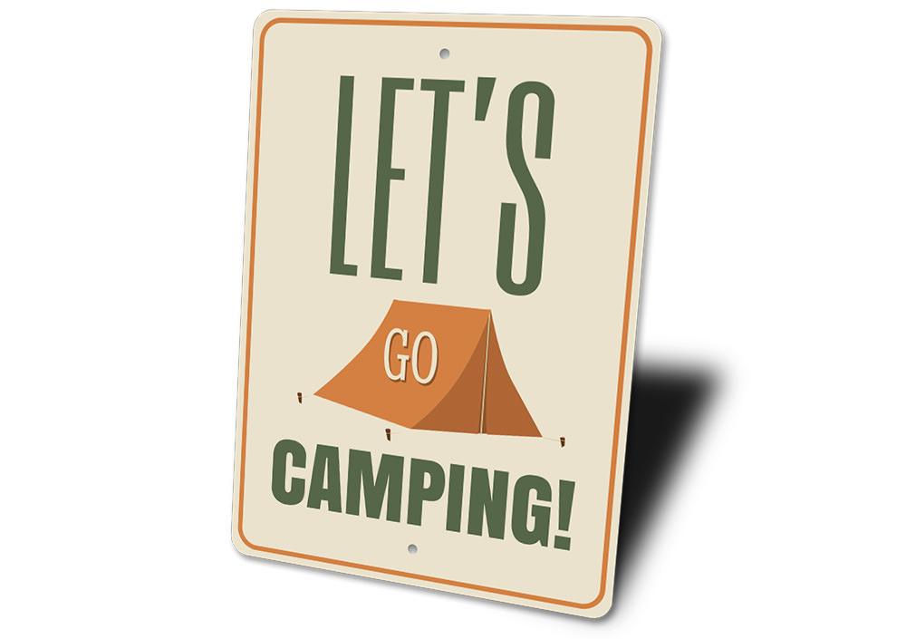 Sign with 'Let's Go Camping!' text and a tent illustration on a beige background
