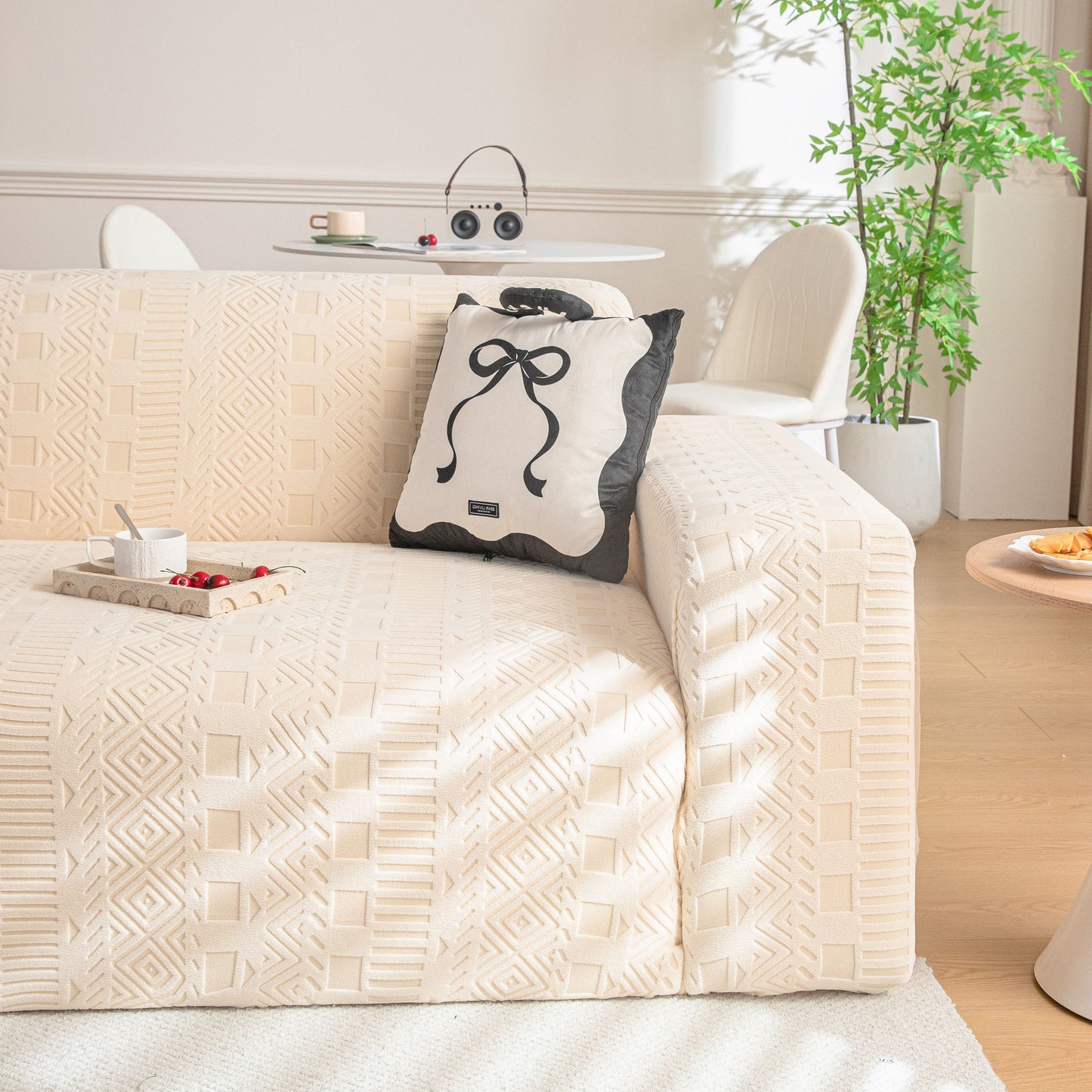 High Stretch Embossed Geometric Slipcover for Couch, Cozy Plush Fleece Couch Cover