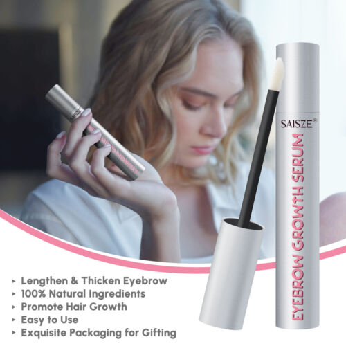 SAISIZE eyebrow growth serum with a woman holding it, set against a blurred indoor background.