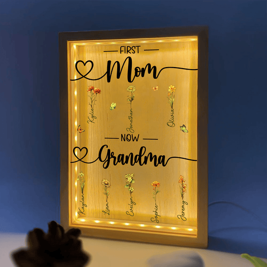 First Mom Now Grandma - Custom Birth Month Flower - Personalized Gift for Grandma - LED Night Lamp, Mother's Day, Birthday | Frame Light Box