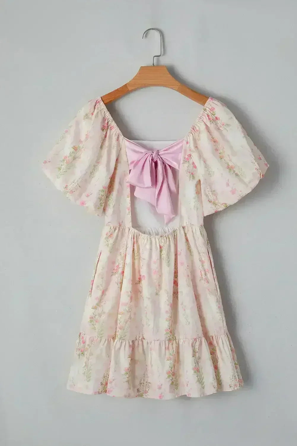 Pink Floral Puff Sleeve Square Neck Knotted Backless Ruffle Mini Dress