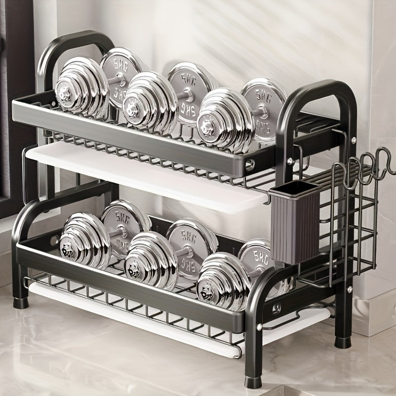 Black Metal Double Tier Dish Rack with Drain Tray and Drip Pan | Kitchen + Metal